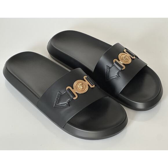 Versace Medusa Black Leather Slides Sandals 14 US (47 Euro) 1010628 NIB $490 - Picture 1 of 16